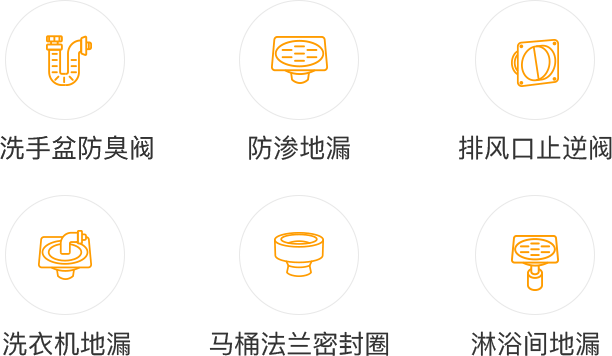 洗手盆防臭阀，防渗地漏，排风口止逆阀，洗衣机地漏，马桶法兰密封圈，淋浴间地漏